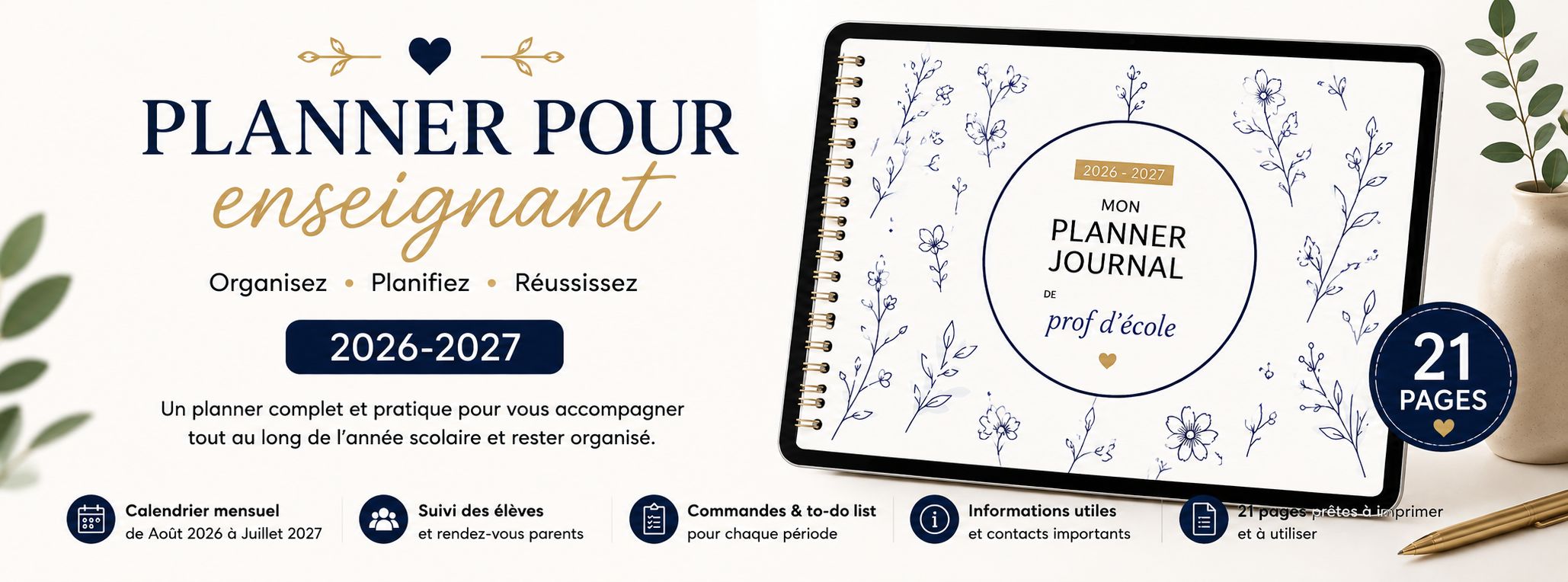 Mon Planner Journal Enseignant   2026-2027 – 21 pages