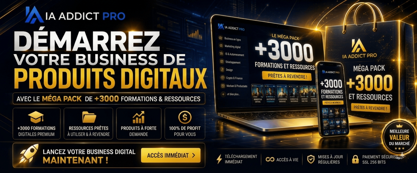 Méga Pack Business IA & Produits Digitaux – Clé en main (+3000 Formations & Droits de Revente)