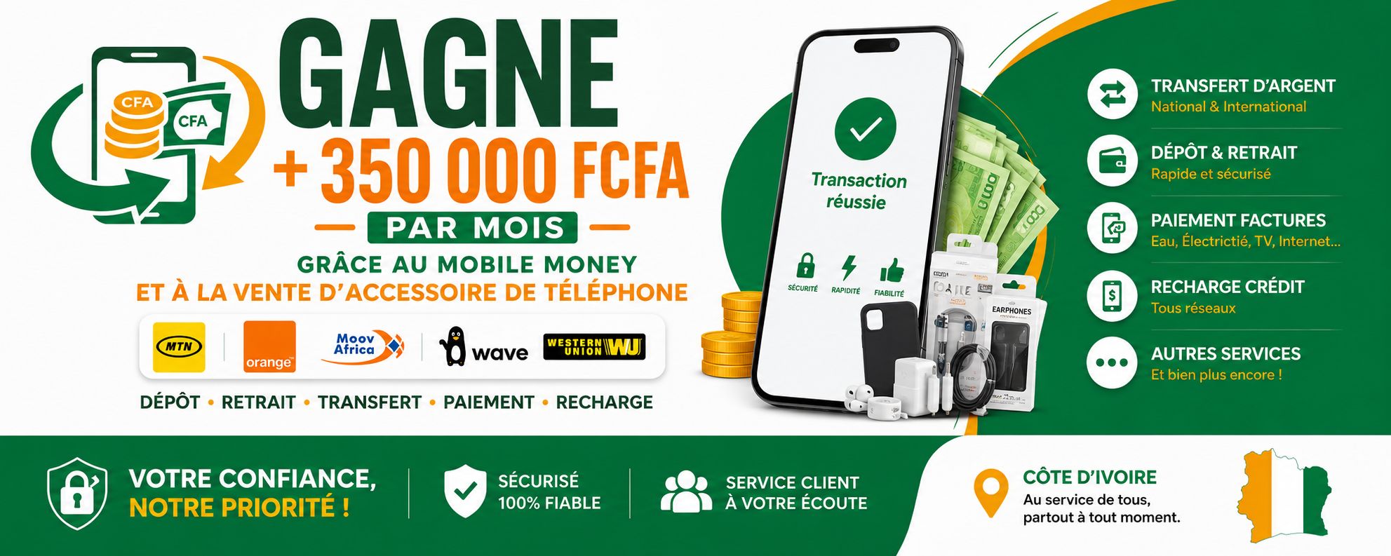 Mobile money + Accessoires. +350000 FCF/MOIS