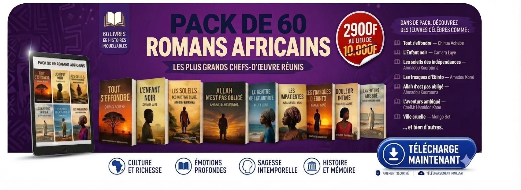 + de 60 romans africains, chefs-d'œuvre africains