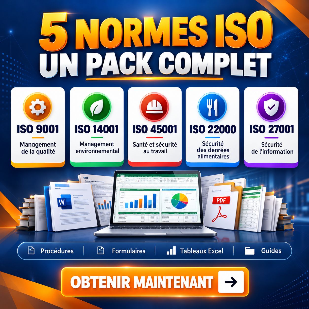Pack ISO Complet | 05 normes ISO 2026 ( 9001, 14001, 45001, 17025, 22000) Modèles QHSE & Audits