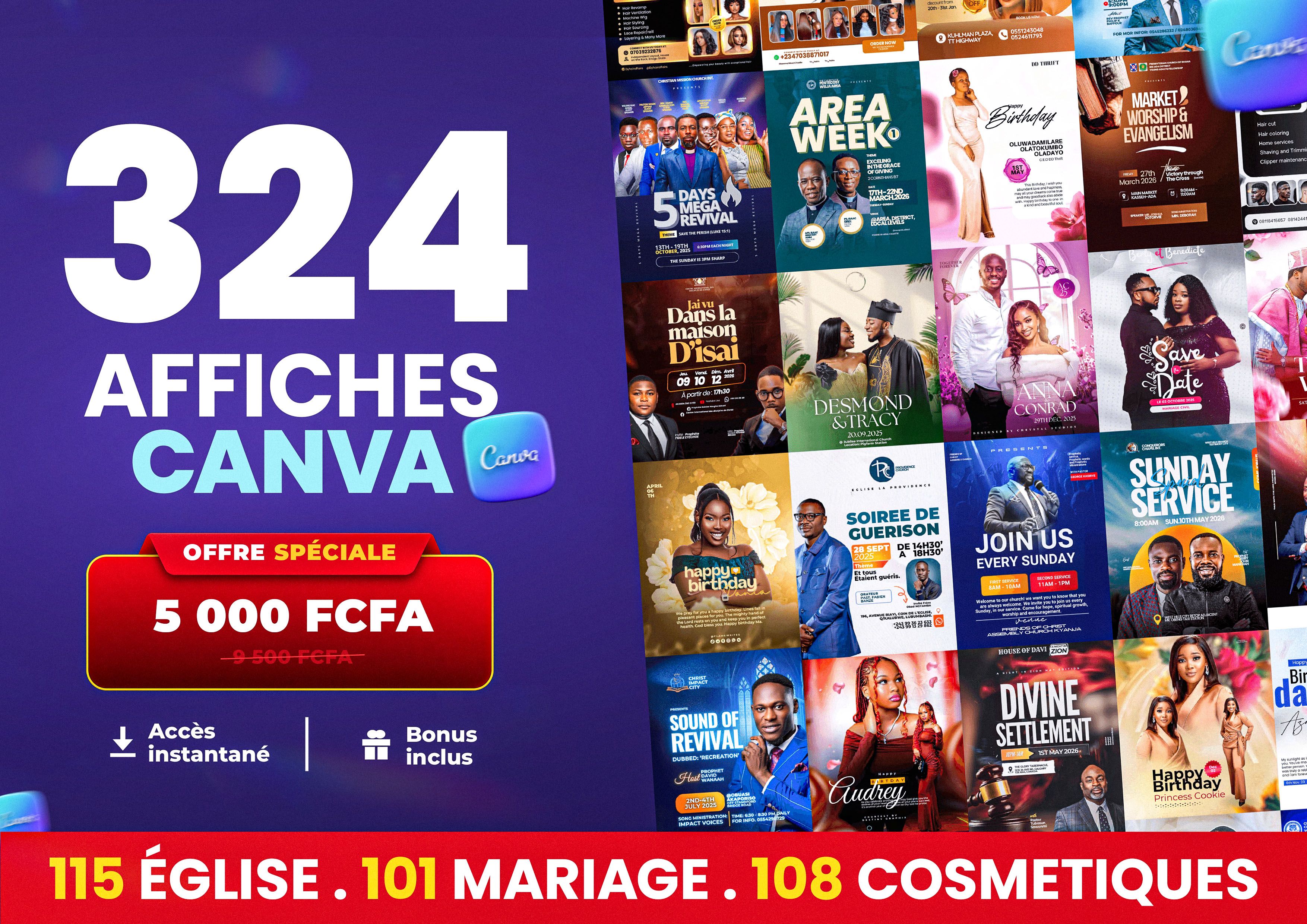Pack 324 Templates Canva — Église, Mariage, Anniv & Cosmétiques