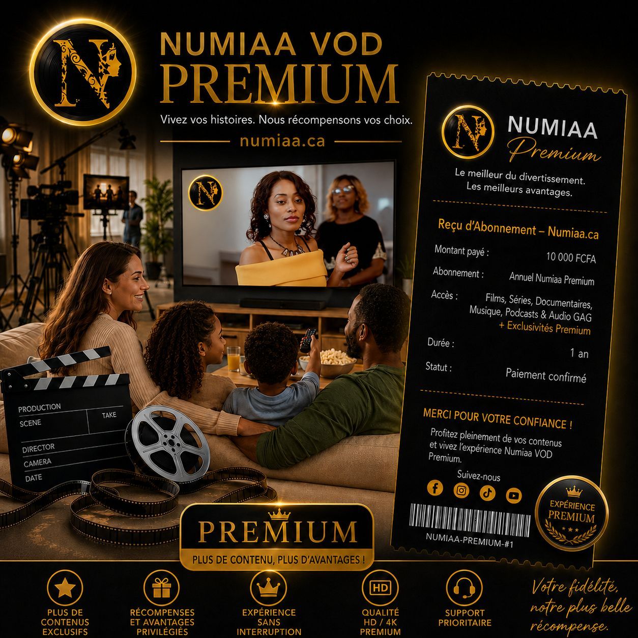 NUMIAA.ca – Bouquet Afrique Premium | 10+2 Mois – Accès Illimité | Films, Séries, Musique & Podcasts