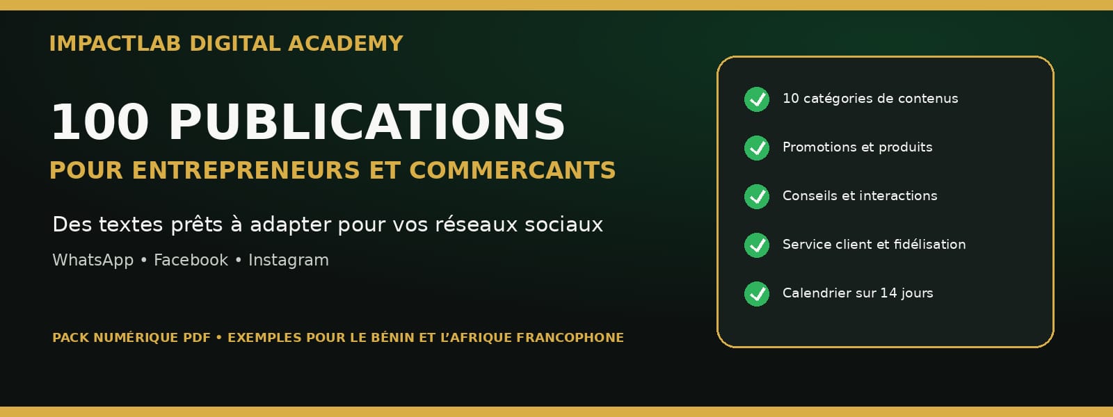 Pack de 100 publications pour entrepreneurs et commerçants — WhatsApp, Facebook et Instagram