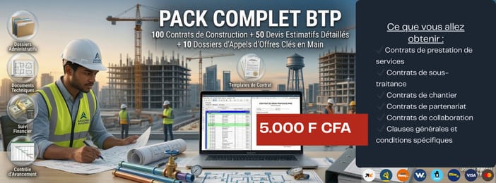 KIT COMPLET BTP – 100 Contrats + Templates Devis Estimatifs + Dossiers d’Appels d’Offres