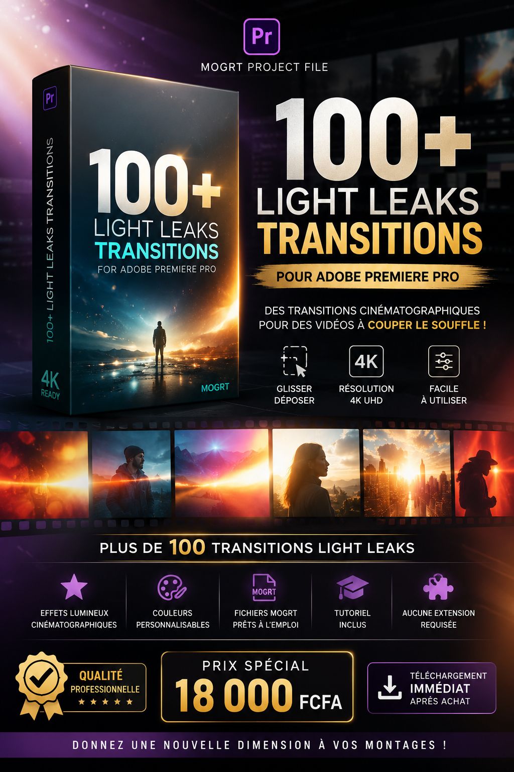 100+ Light Leaks Transitions – Pack Professionnel pour Adobe Premiere Pro (MOGRT)