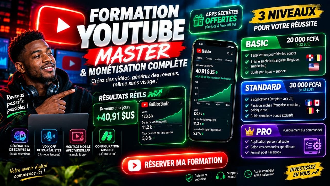 PACK COMPLET : Formation YouTube Master, Automatisation IA & Monétisation AdSense