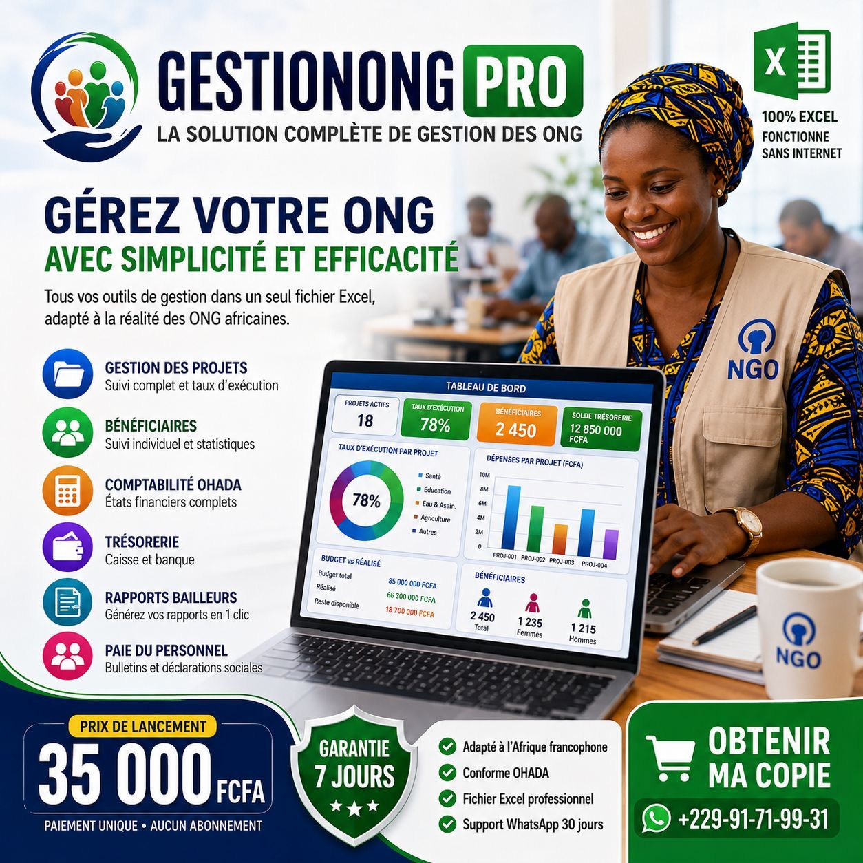GestionONG Pro — Projets, Bénéficiaires, Bailleurs, Comptabilité OHADA dans 1 seul fichier Excel.