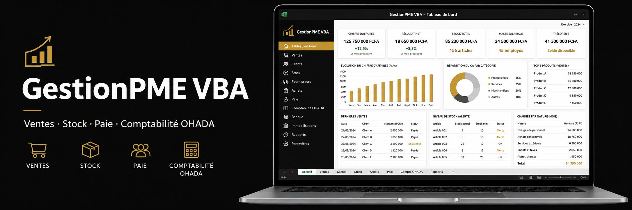 Gérez votre entreprise avec un seul fichier Excel : ventes, achats, stock + paie bilan OHADA