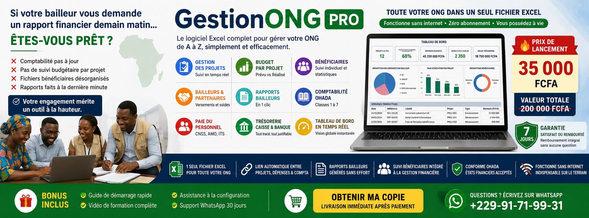 GestionONG Pro — Projets, Bénéficiaires, Bailleurs, Comptabilité OHADA dans 1 seul fichier Excel.