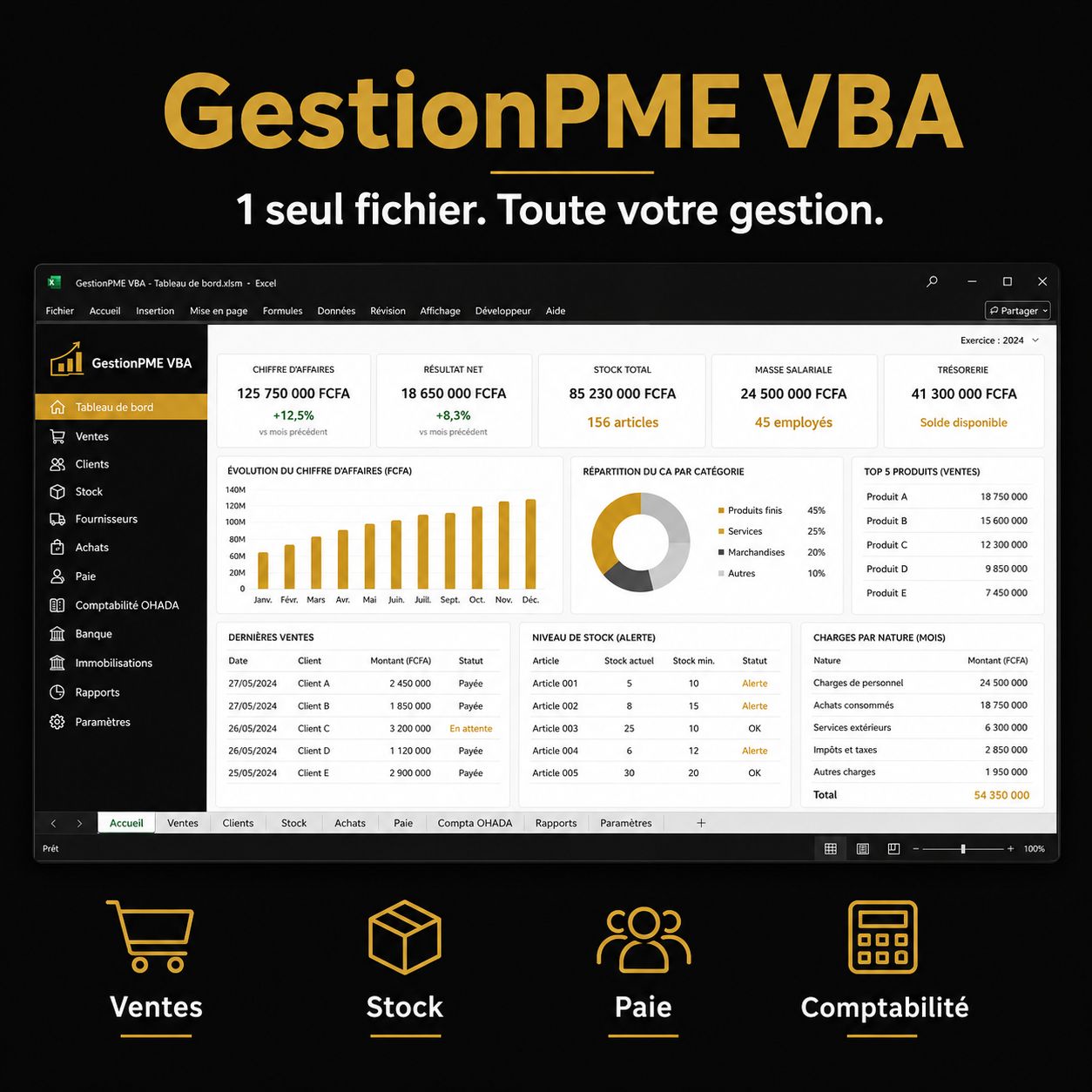 Gérez votre entreprise avec un seul fichier Excel : ventes, achats, stock + paie bilan OHADA